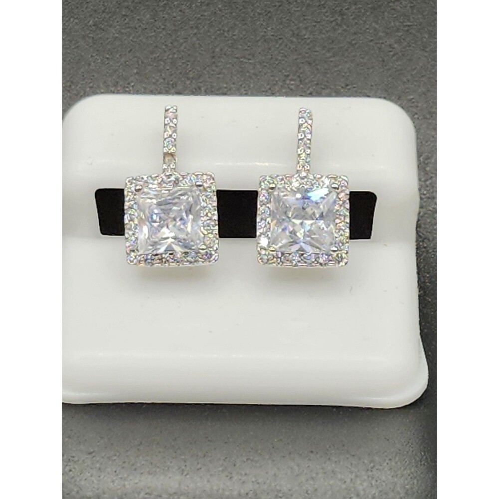 Square Cubic Zirconia Halo Setting 925 Silver Dangle Earrings